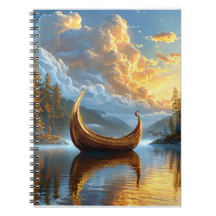 Golden Viking-Inspired Boat Resting on Mystic Lake Notebook