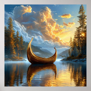 Golden Viking-Inspired Boat Resting on Mystic Lake Poster
