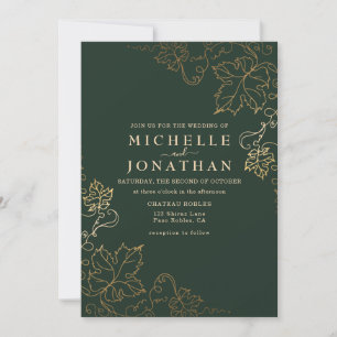 Golden Vineyard Green Faux Gold Wedding Invitation