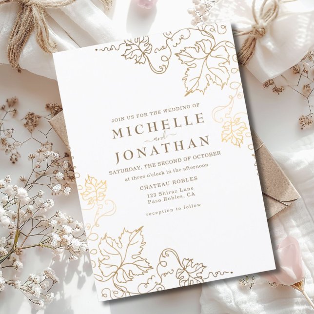 Golden Vineyard White Faux Gold Wedding Invitation (Creator Uploaded)