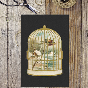 Golden Vintage Bird Cage Winter Scene Tissue Paper