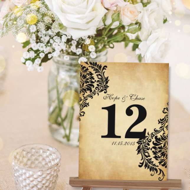Golden Vintage Black Damask Table Number Cards (Creator Uploaded)