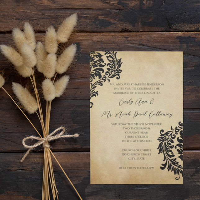 Golden Vintage Black Damask Wedding Invitations (Creator Uploaded)