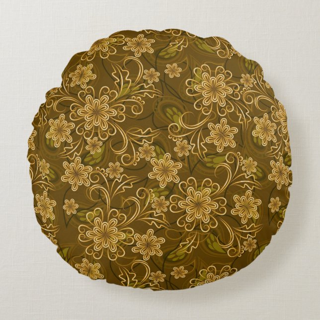 Golden vintage floral pattern round cushion (Front)