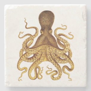 Golden Vintage Octopus Illustration Stone Coaster