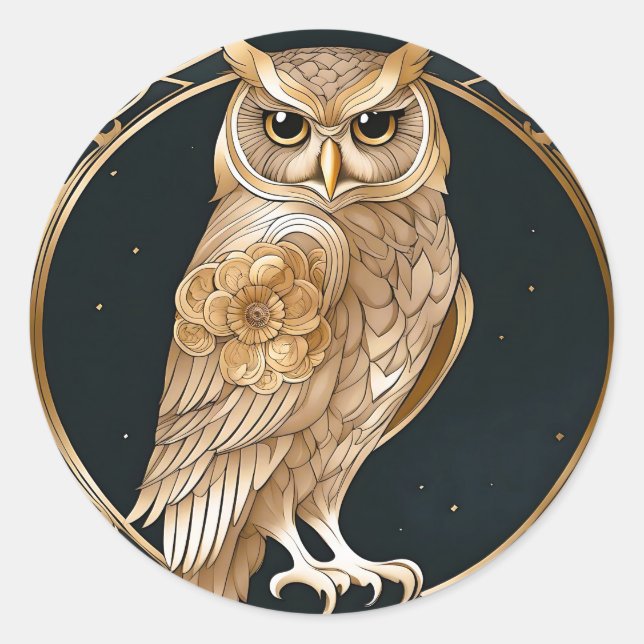 Golden Vintage Owl Art Deco Classic Round Sticker (Front)