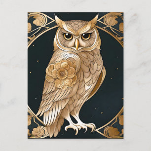 Golden Vintage Owl Art Deco Postcard