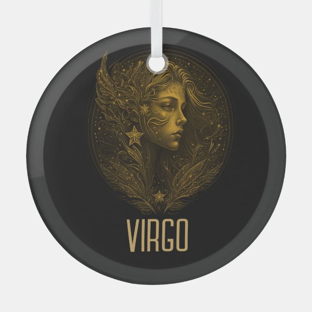 Golden Virgo classic zodiac sign black Glass Tree Decoration (Front)
