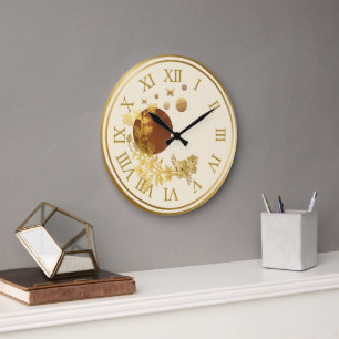 Golden wall clock - Planets and roses galaxy
