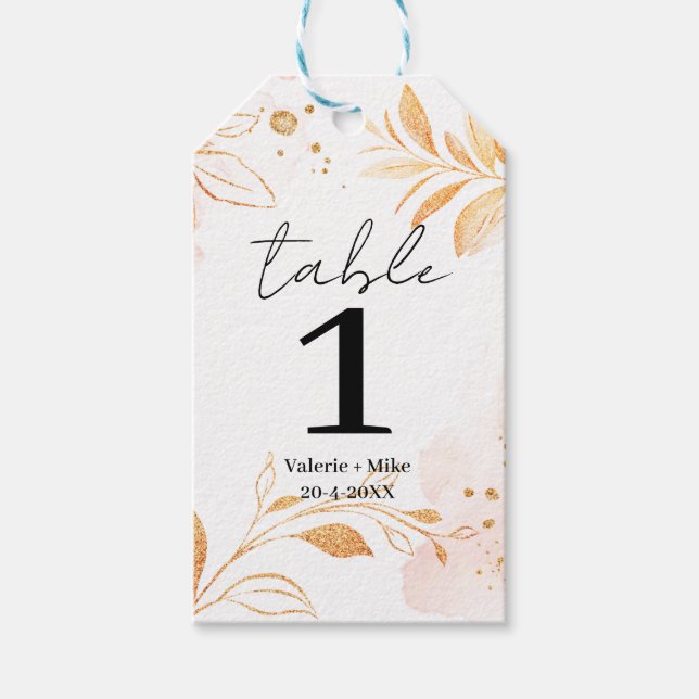 Golden Watercolor Glitter Table Numbers Wedding  Gift Tags (Front)