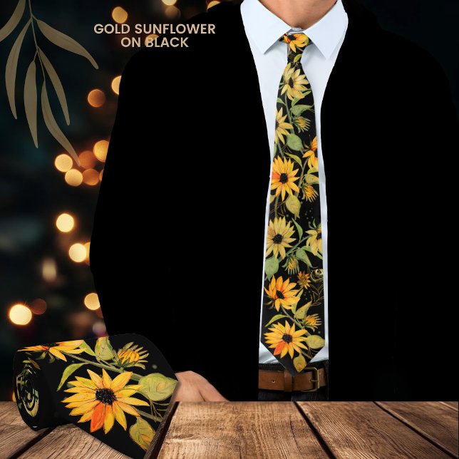 Golden Watercolor Sunflower on Black Neck Tie (Golden Watercolor Sunflower on Black Neck Tie)