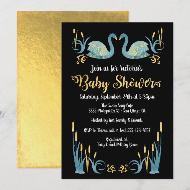 Golden watercolor Swans Baby Shower Invitation (Front/Back)