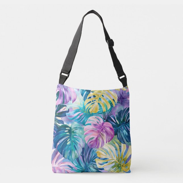 Golden Watercolor Tropical Leaves Paradise Crossbody Bag (Front)
