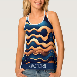 Golden Wave Blue Watercolor Abstract Pattern Singlet