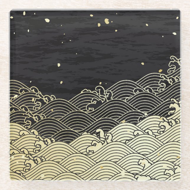 Golden wave, paper-like texture. glass coaster (Front)