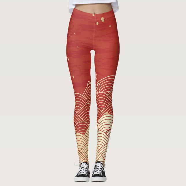 Golden Wave Paper Texture Pattern Leggings (Front)