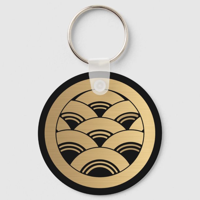 Golden Waves Japanese Kamon in faux brushed gold Key Ring (Front)