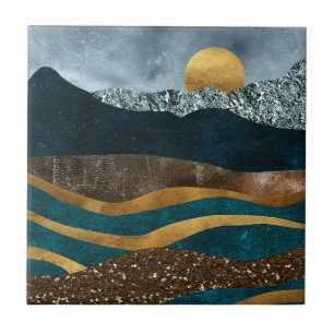 Golden Waves Under Moonlit Mountains Ceramic Tile