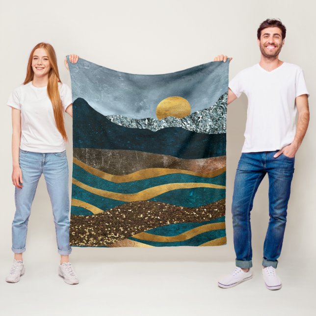 Golden Waves Under Moonlit Mountains Fleece Blanket (In Situ)