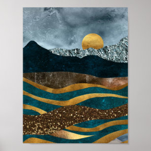 Golden Waves Under Moonlit Mountains Poster