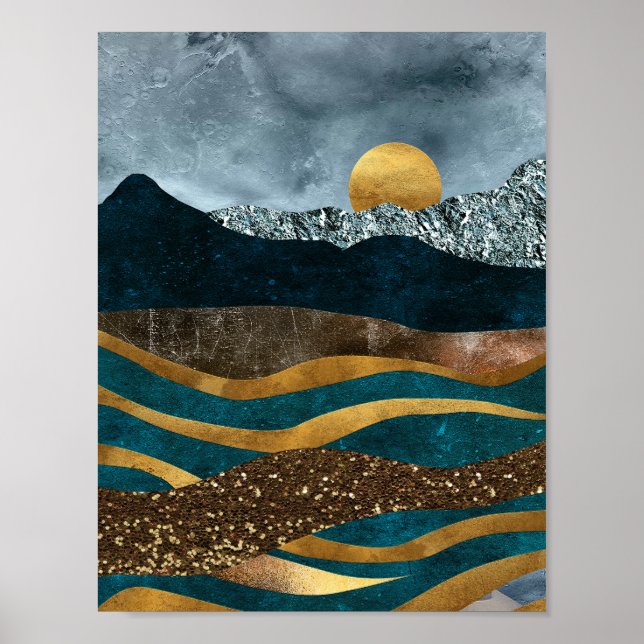 Golden Waves Under Moonlit Mountains Poster (Front)