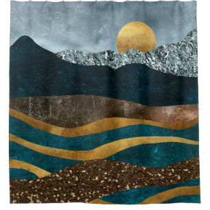 Golden Waves Under Moonlit Mountains Shower Curtain
