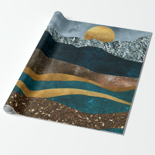 Golden Waves Under Moonlit Mountains Wrapping Paper