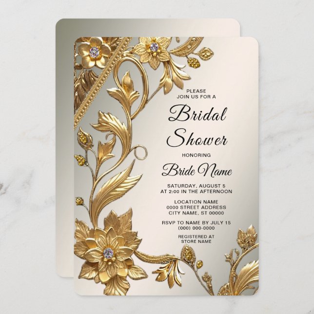 Golden Wavy Leaves Floral Bridal Shower Invitation (Front/Back)