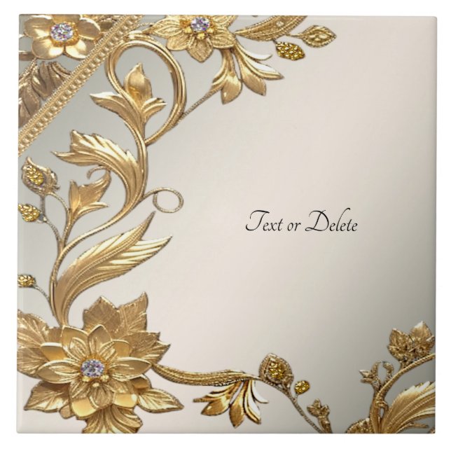 Golden Wavy Leaves Floral Ceramic Tile (Front)