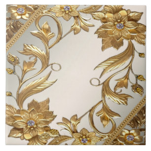 Golden Wavy Leaves Floral Ceramic Tile