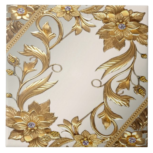 Golden Wavy Leaves Floral Ceramic Tile (Front)