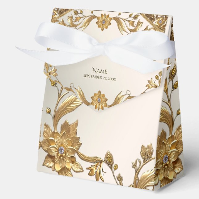 Golden Wavy Leaves Floral Favour Box (Front)