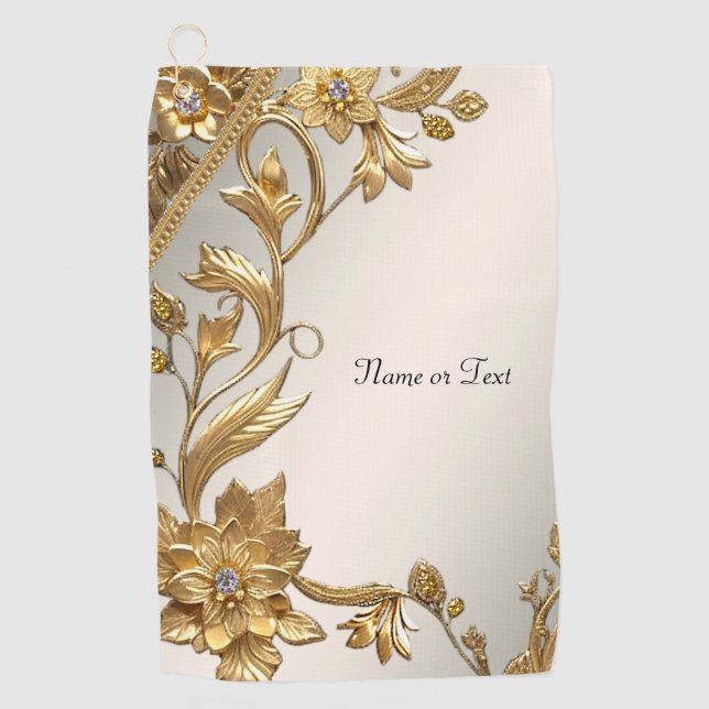 Golden Wavy Leaves Floral Golf Towel (Front)