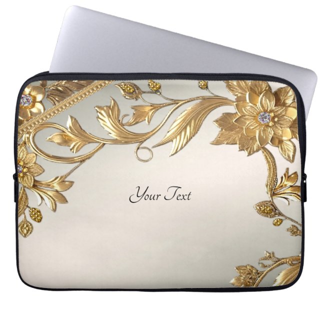 Golden Wavy Leaves Floral Laptop Sleeve (Front)