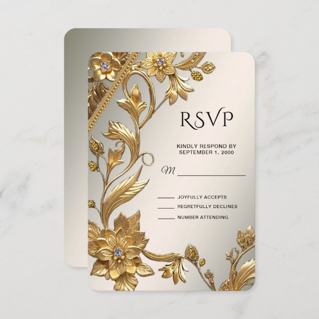 Golden Wavy Leaves Floral RSVP Card (Front/Back)