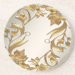 Golden Wavy Leaves Floral Sandstone Coaster