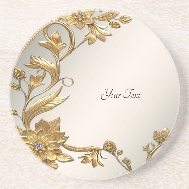 Golden Wavy Leaves Floral Sandstone Coaster (Front)