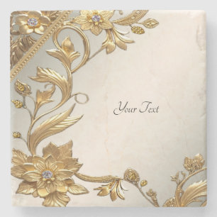 Golden Wavy Leaves Floral Stone Coaster