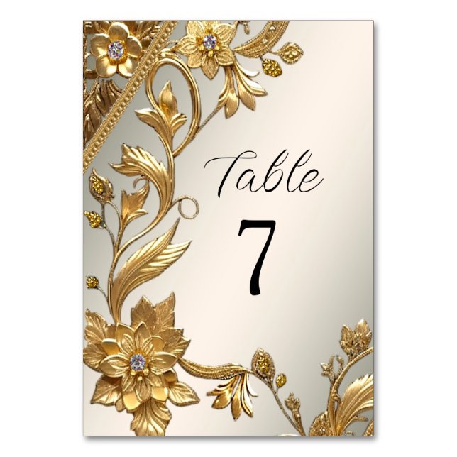 Golden Wavy Leaves Floral Table Number (Front)