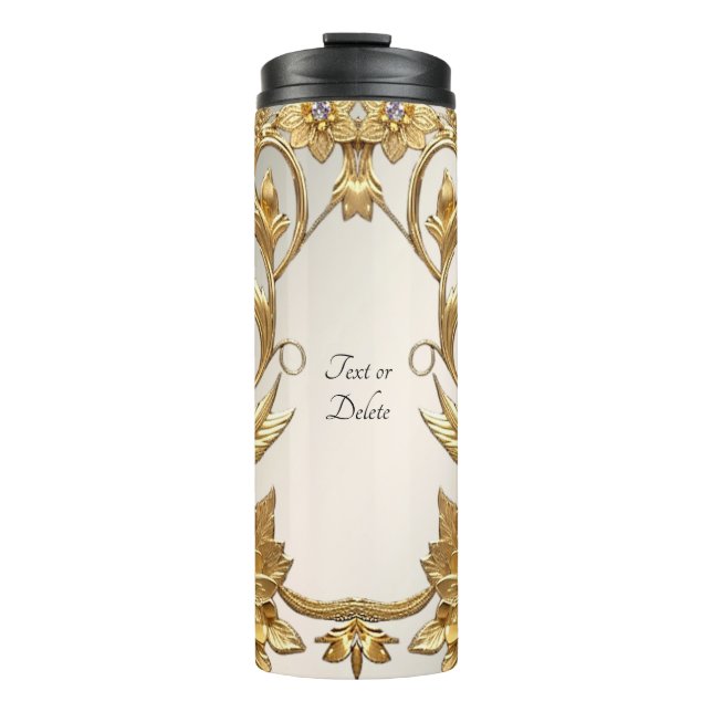 Golden Wavy Leaves Floral Thermal Tumbler (Front)
