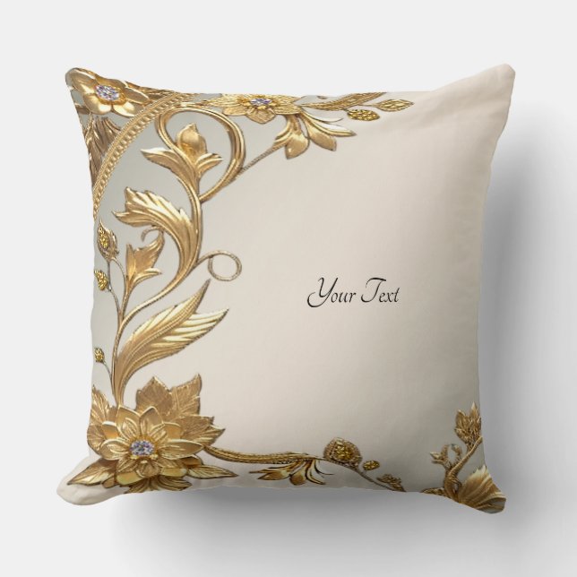 Golden Wavy Leaves Floral Throw Pillow (Front)