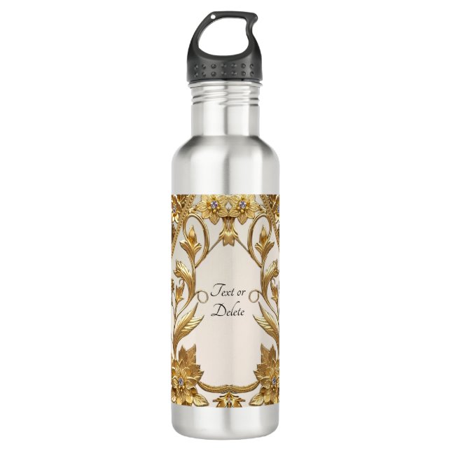 Golden Wavy Leaves Floral Water Bottle (Front)