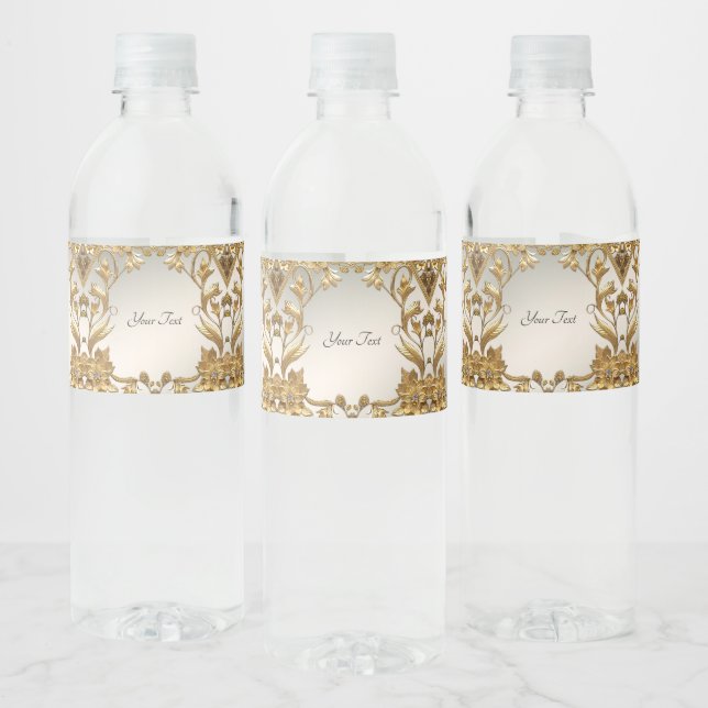 Golden Wavy Leaves Floral Water Bottle Label (Bottles)