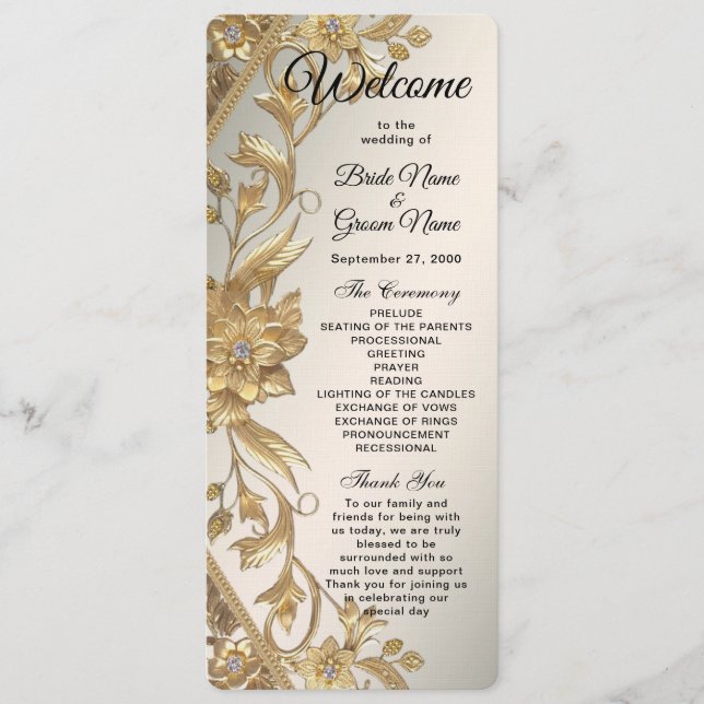 Golden Wavy Leaves Floral Wedding Program (Front)
