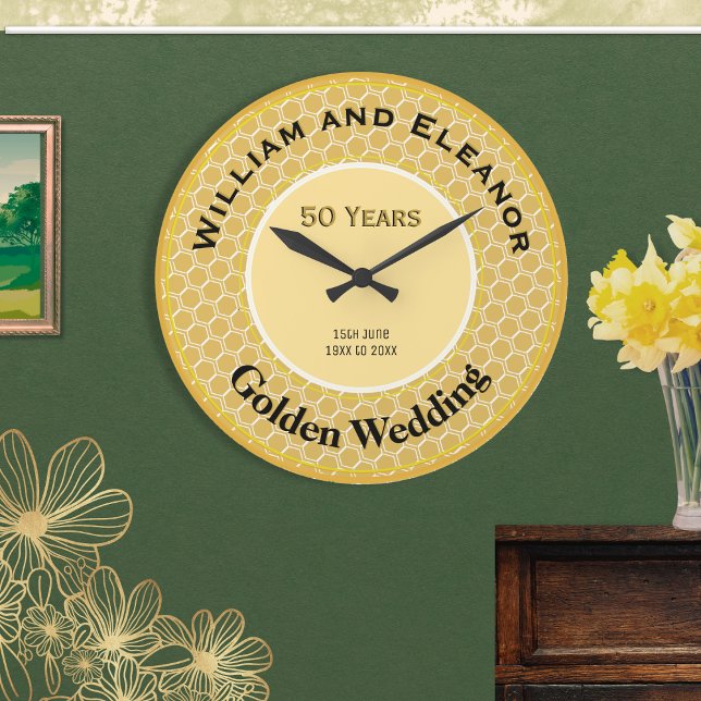 Golden Wedding 50th Anniversary 50 Years Honeycomb Large Clock (A personalized Golden Wedding 50th Anniversary clock with honeycomb design. An ideal keepsake gift.)