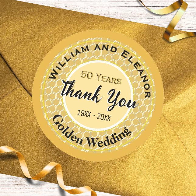 Golden Wedding 50th Anniversary Favour Thank You Classic Round Sticker (A sticker for a 50th (Golden) Wedding Anniversary with Thank You message, for envelopes, favors etc.)