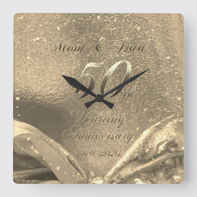 Golden Wedding 50th Anniversary Parents Faux Gold Square Wall Clock (Front)