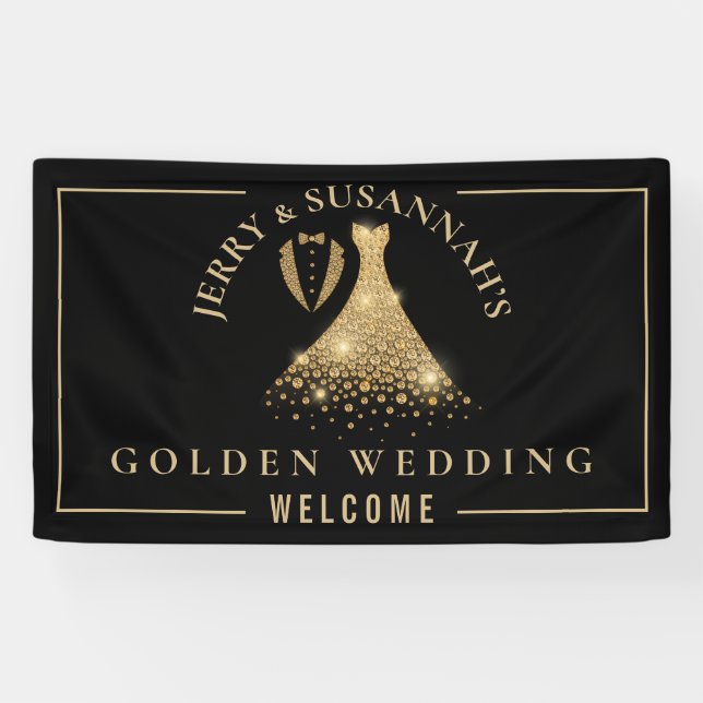 Golden Wedding 50th Names Tux Dress Gold Black Banner (Horizontal)