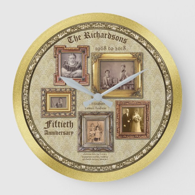 Golden Wedding Anniversary Antique Frames Collage Large Clock (Front)