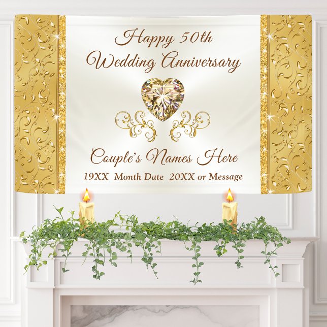 Golden Wedding Anniversary Banners, Personalised Banner (Golden Wedding Anniversary Banner. Stunning, 50th Anniversary Party Decorations, 50th Anniversary.)